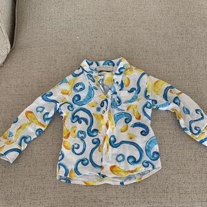 Colorful Kids Shirt with Blue and Yellow Swirls Italian inspired linen shirt